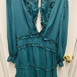 Teal Ruffle V-Neck Long Sleeve Dress